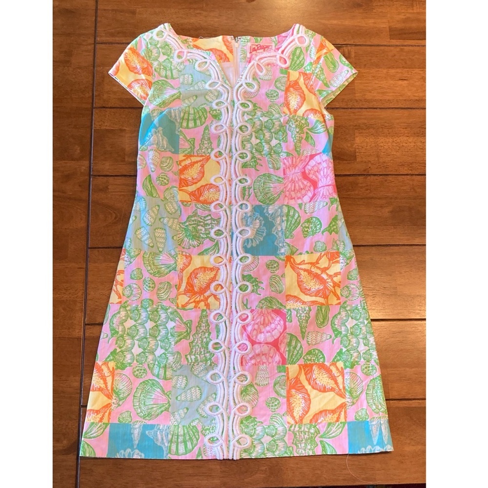 Lilly Pulitzer Patchwork Seashell Shift Dress Scallop Lace. Originals Size 0